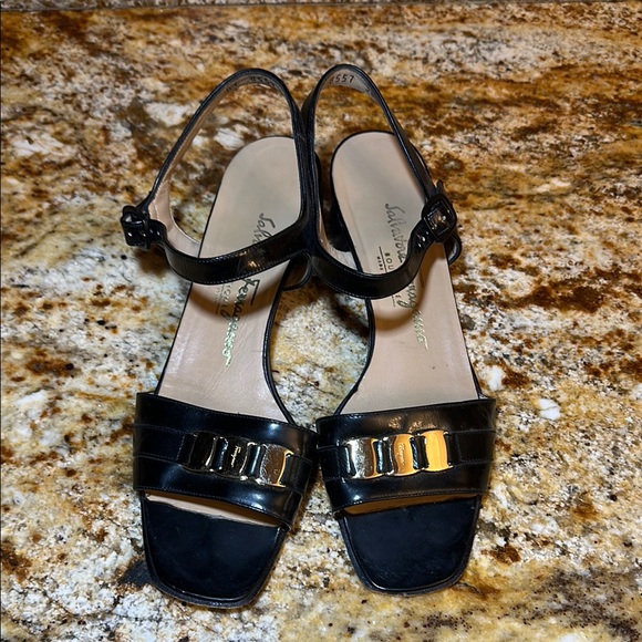 Salvatore Ferragamo Black Leather Sandal Heels - Picture 1 of 9